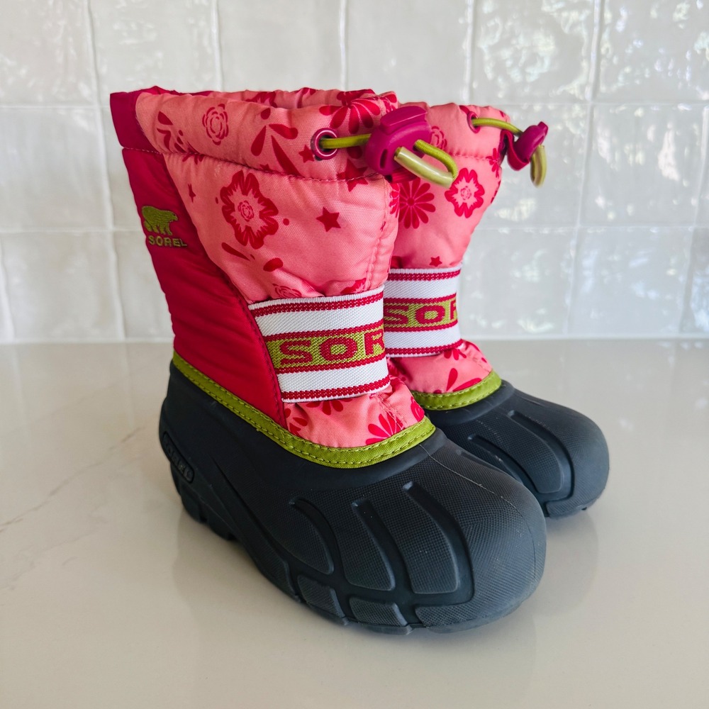 Sorel Snow Commander Boots Girls 10 Pink Floral‎ Waterproof Insulated